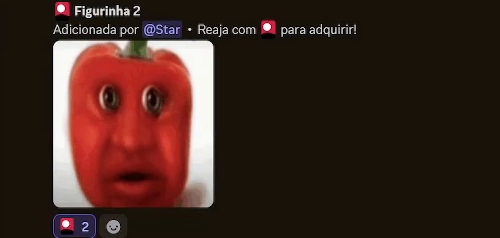 Captura de tela do canal-catálogo no Discord: a mensagem Figurinha 2, adicionada por Star, com a imagem de um pimentão e uma reação de carta com o contador em 2.