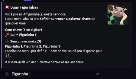 Captura de tela do painel Suas Figurinhas no Discord, listando quatro figurinhas, qual delas já tem palavra-chave e um menu para definir as outras.